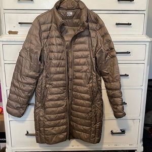Long taupe colored puffer coat- thin and light weight